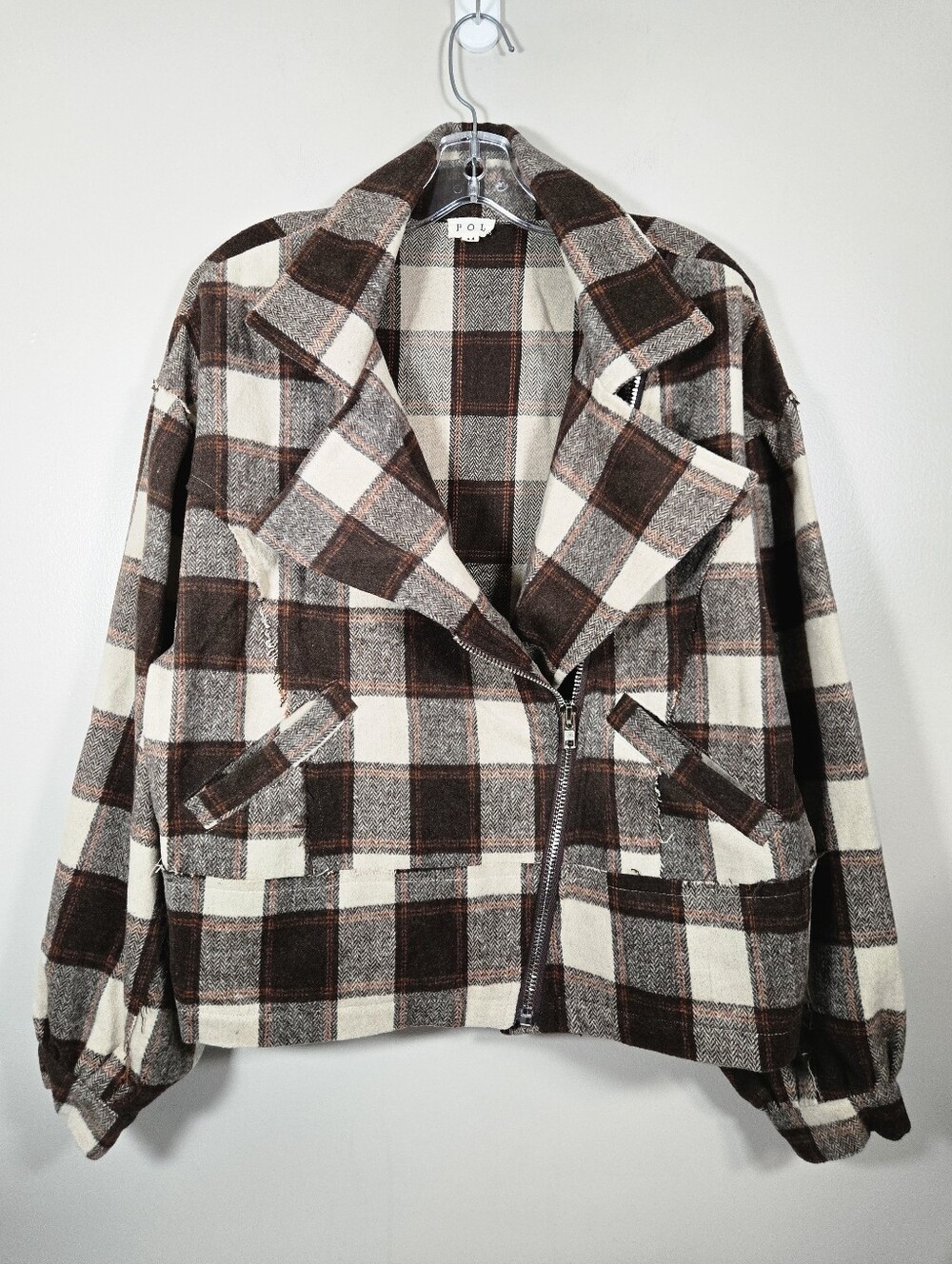 POL Brown & Cream Women's Oversized Plaid Moto Jacket, Size M ~ EUC